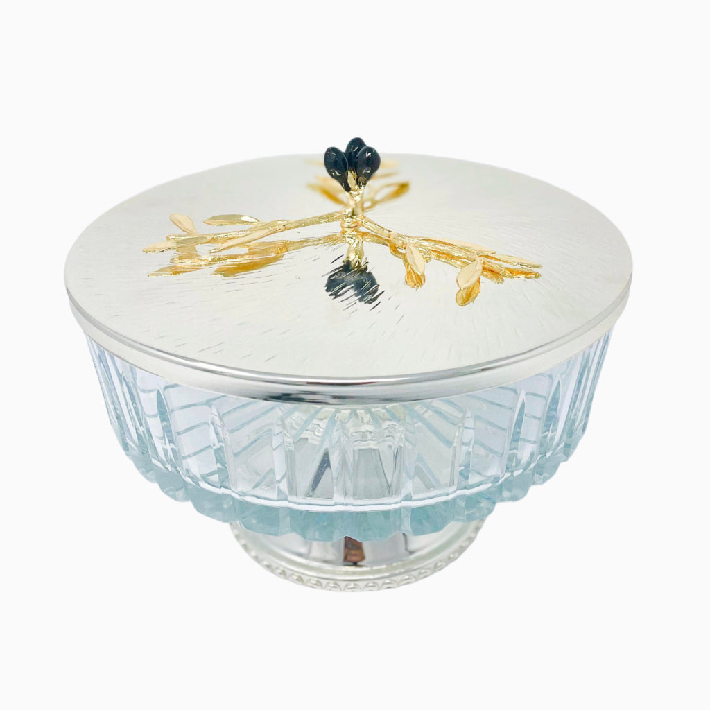 GLASS SERVING BOWL ON FOOT WITH SILVER TONE LID