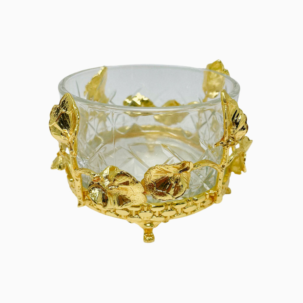 GLASS SNACK BOWL ON GOLDEN TONE STAND