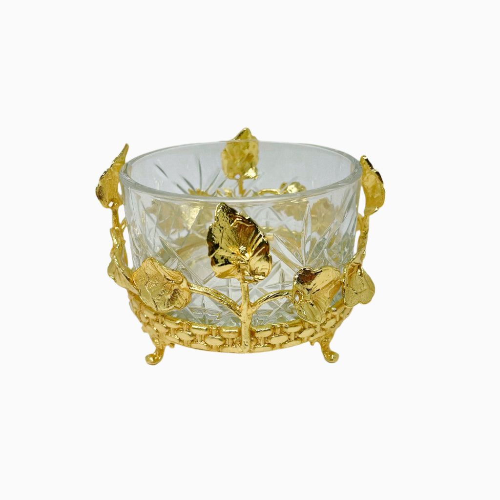 GLASS SNACK BOWL ON GOLDEN TONE STAND