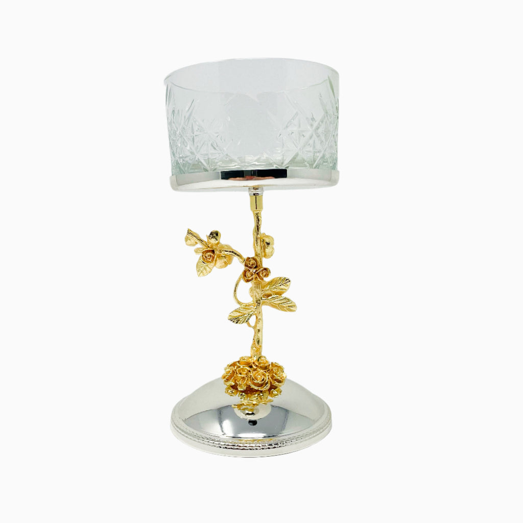 GLASS SNACK BOWL ON SILVER AND GOLD TONE STAND