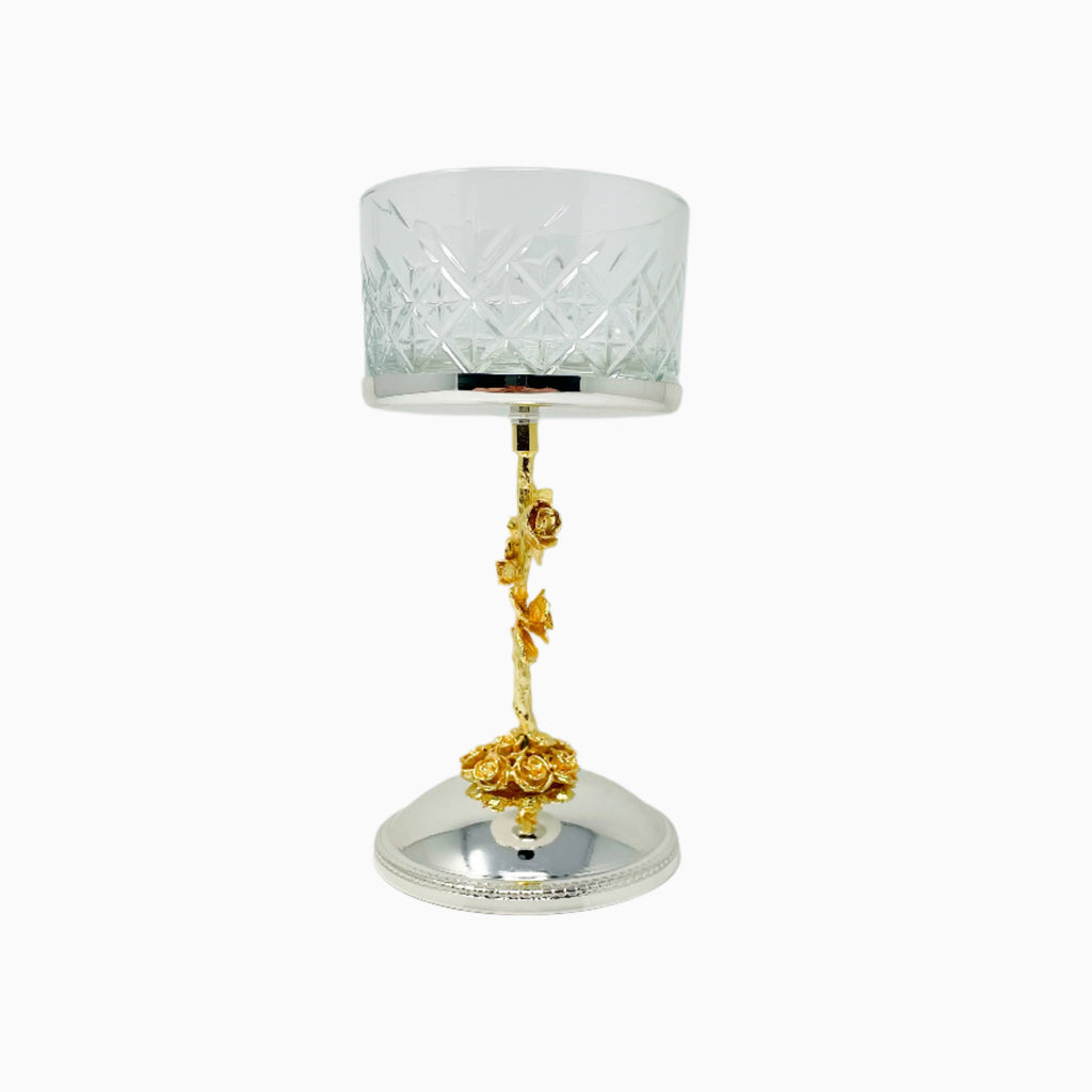 GLASS SNACK BOWL ON SILVER AND GOLD TONE STAND