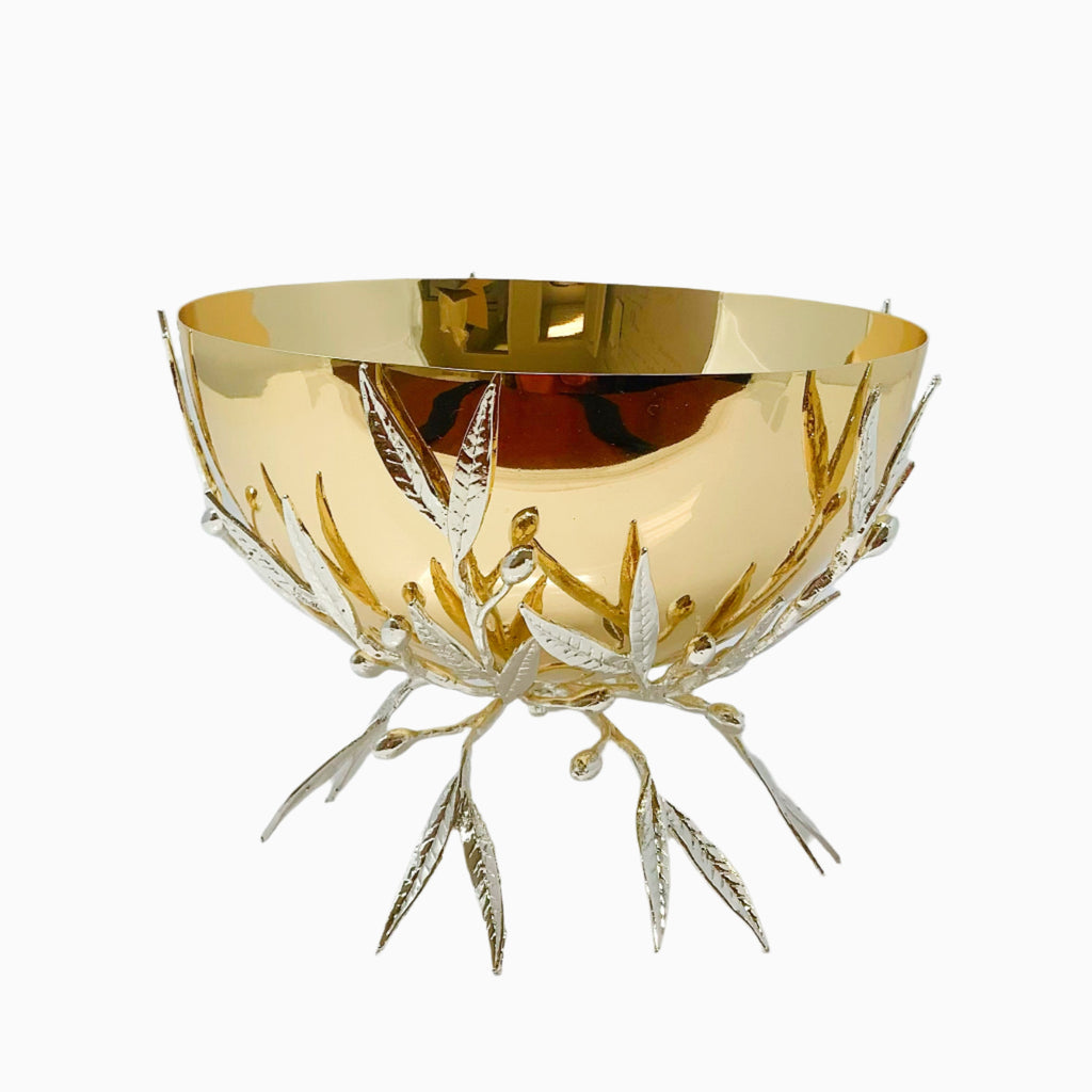 GOLDEN SERVING BOWL ON SILVER OLIVE LEAF STAND