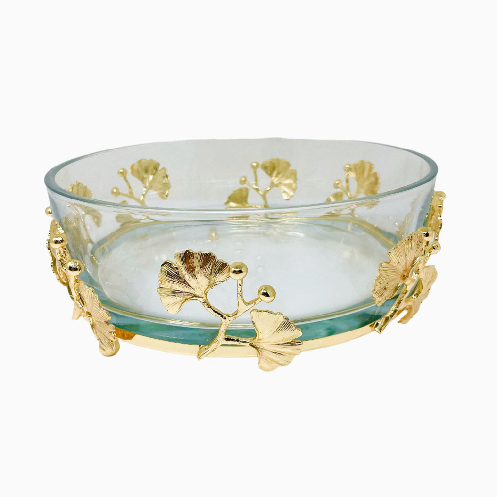 GOLDEN TONE GLASS SERVING BOWL