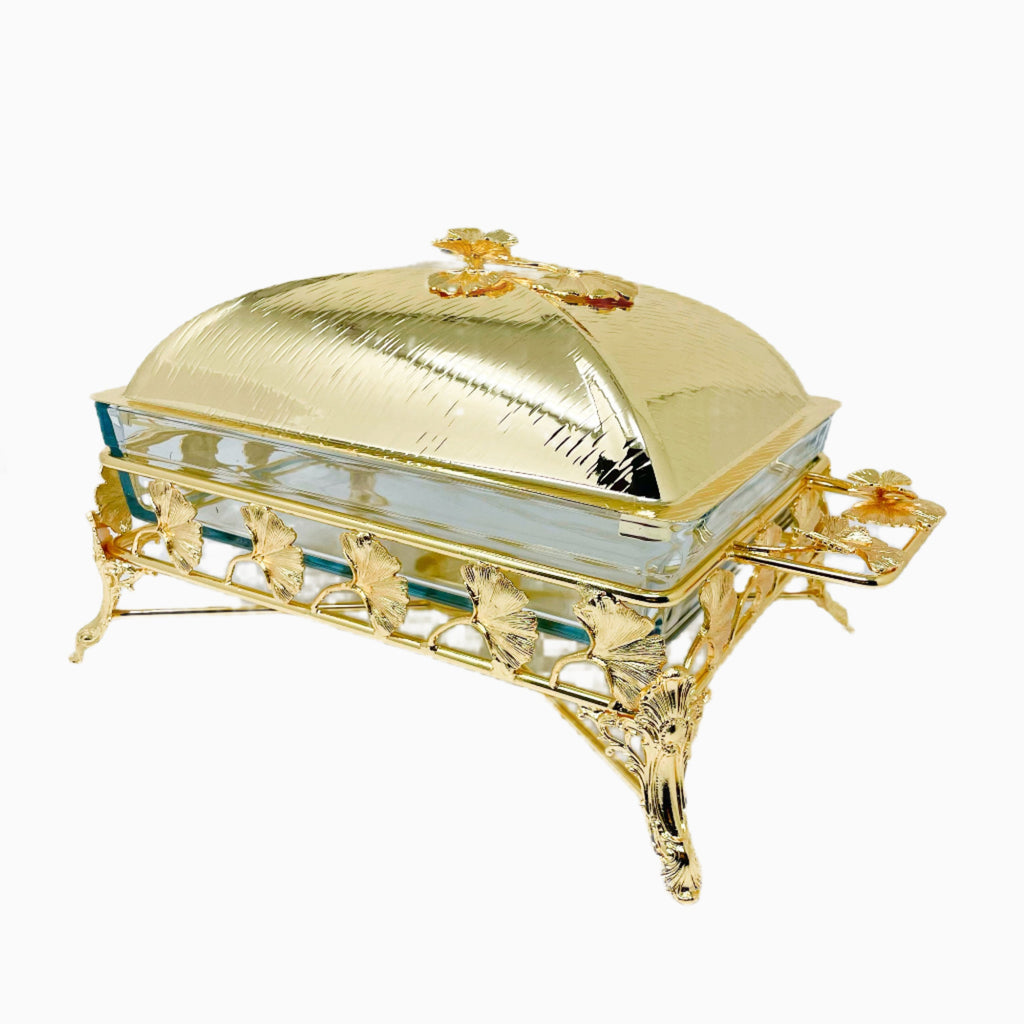 GOLDEN TONE RECTANGULAR SERVING DISH WITH LID AND WARMER