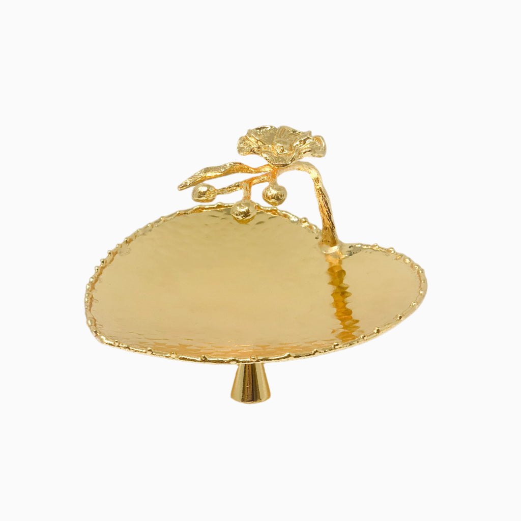 GOLD HEART-SHAPED SNACK PLATE WITH FLOWER HANDLE