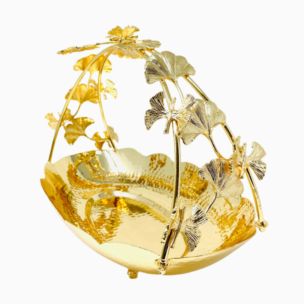 GOLD TONED SERVING PLATE WITH BUTTERFLY HANDLE. NOBLE HOME GIFTS