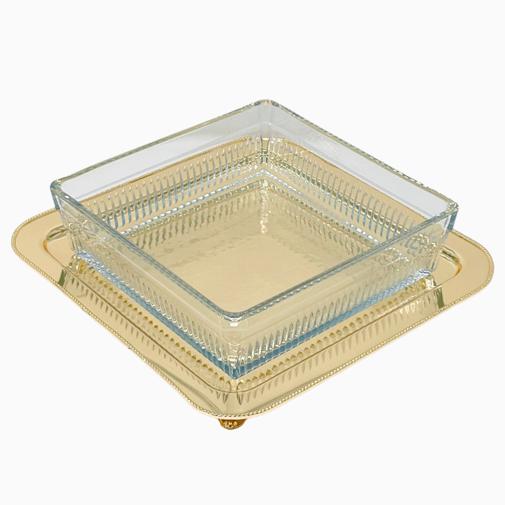 SQUARE SERVING DISH WITH GOLD TRAY - Noble Home Gifts 