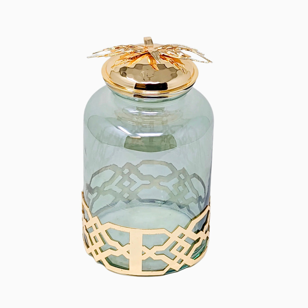 LARGE CLEAR JAR WITH GOLD FLOWER LID