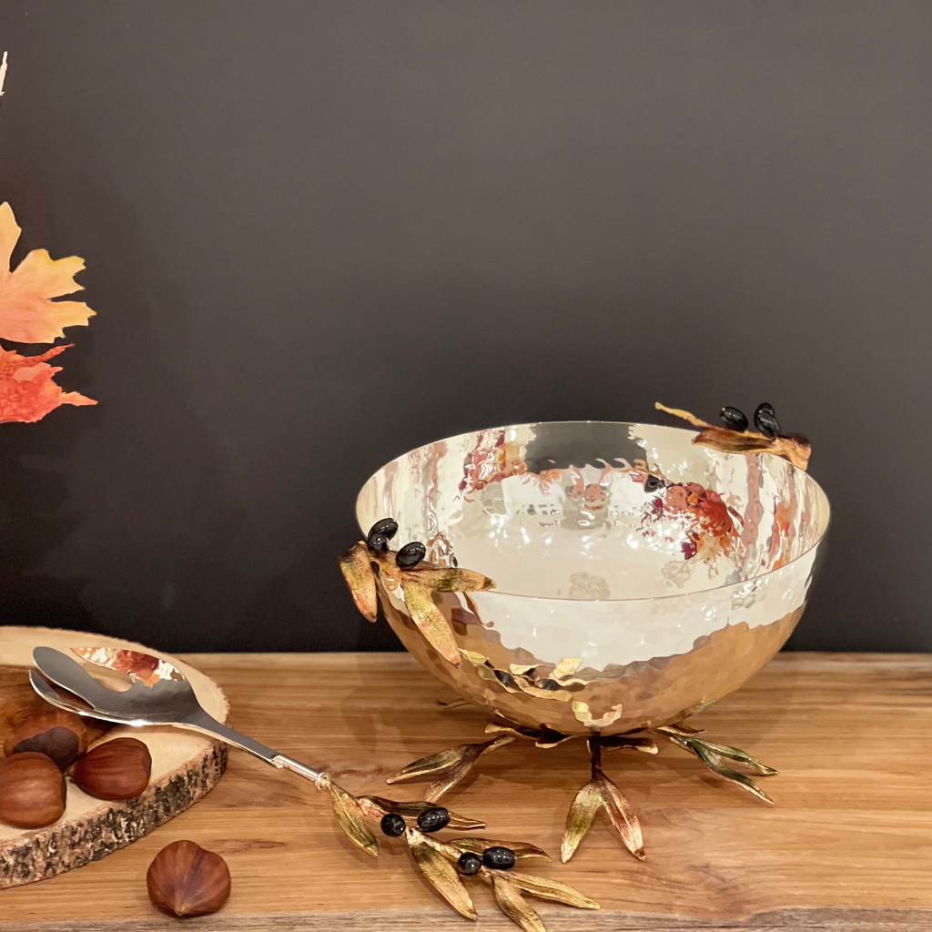 LARGE SILVER TONE SERVING BOWL ON OLIVE LEAF STAND
