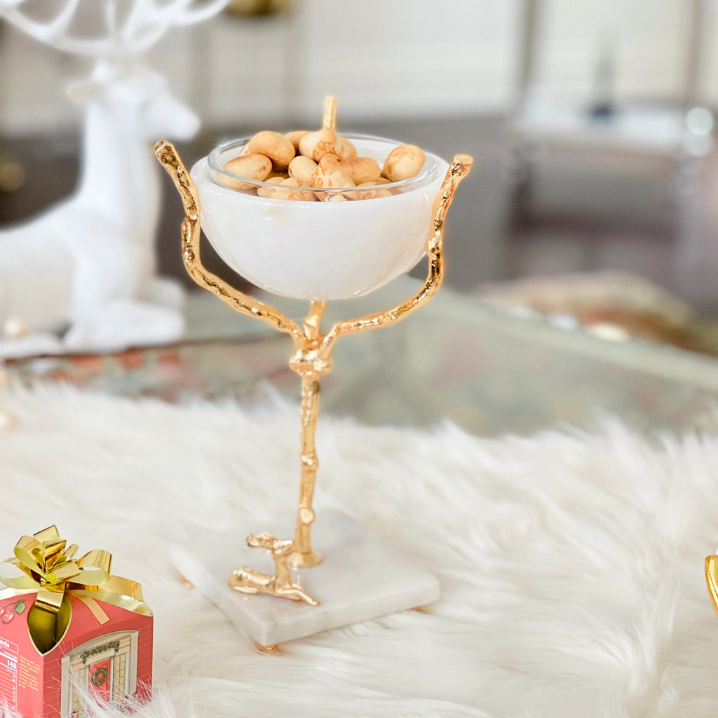 MARBLE BOWL ON BRASS STAND AND MARBLE FOOTING