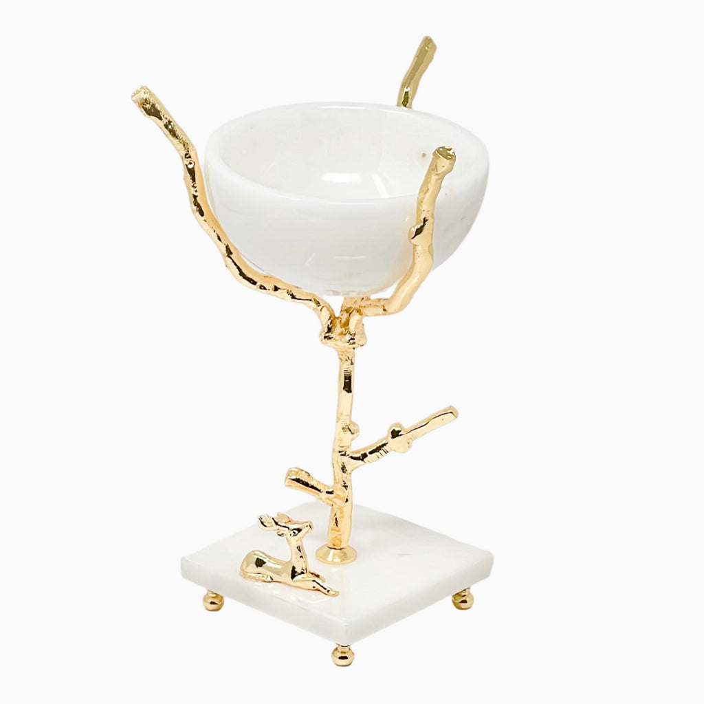 MARBLE BOWL ON BRASS STAND AND MARBLE FOOTING
