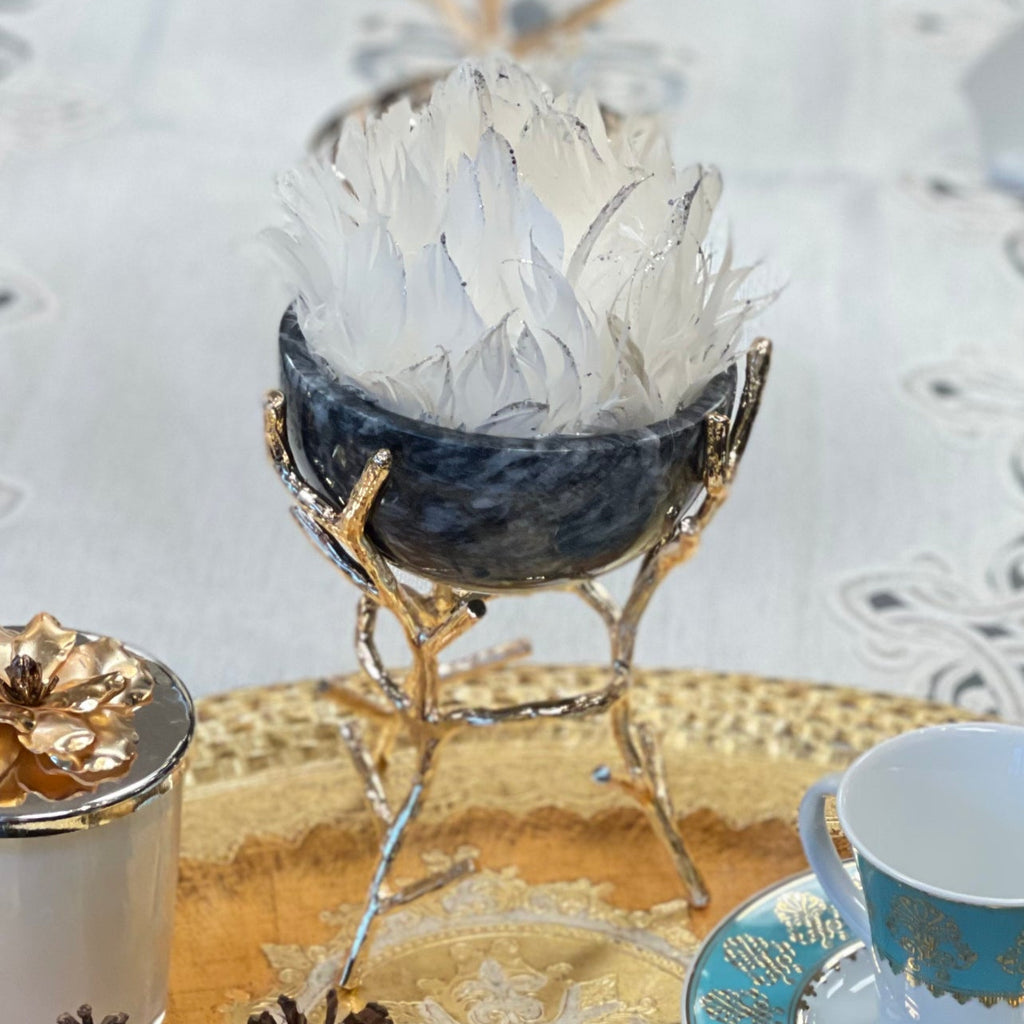 MARBLE BOWL ON SILVER BRASS STAND