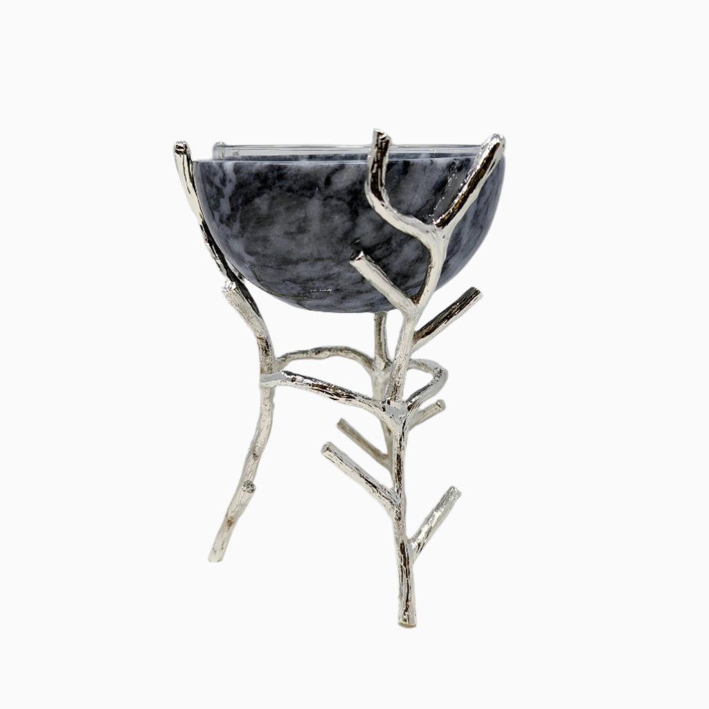 MARBLE BOWL ON SILVER BRASS STAND