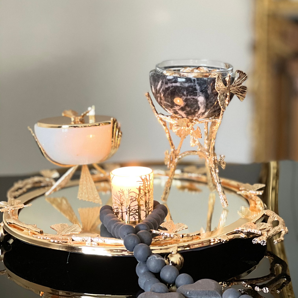 MARBLE SNACK BOWL WITH GOLD TONE STAND, BUTTERFLY COLLECTION