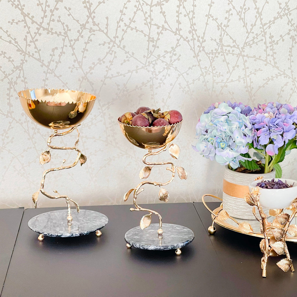 MEDIUM GOLDEN TONE SNACK BOWL WITH SPIRAL STAND