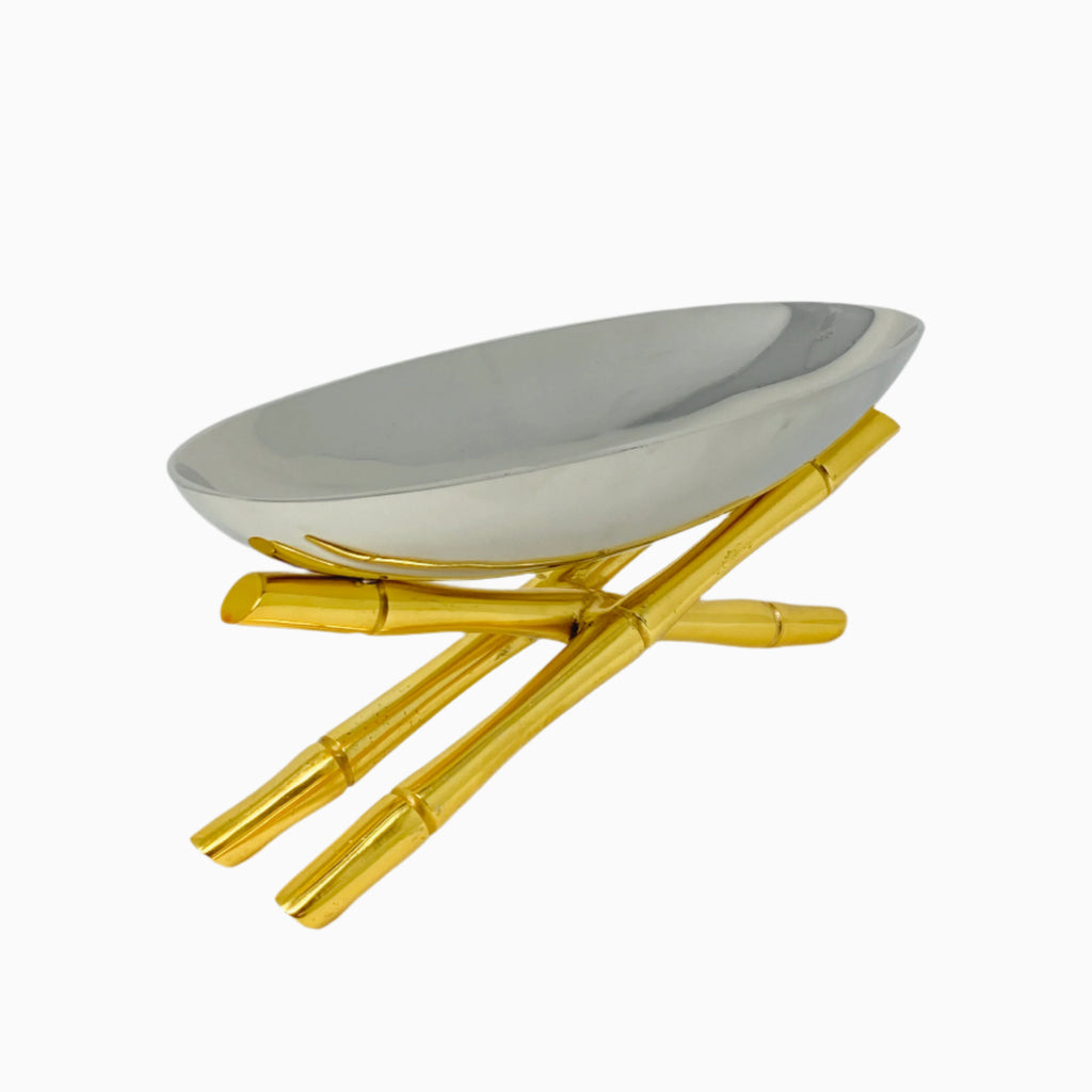 MEDIUM SILVER SERVING BOWL ON GOLDEN BAMBOO STAND
