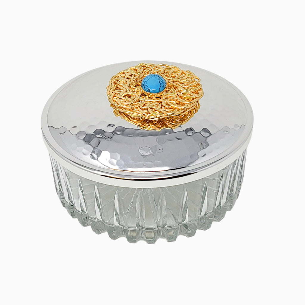 MEDIUM SILVER SNACK JAR WITH GOLD & OPAL GEM