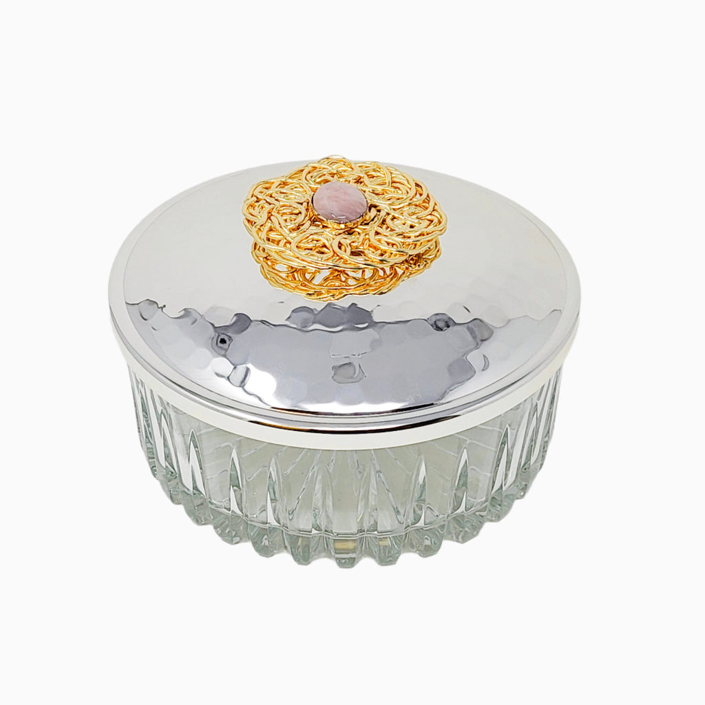 MEDIUM SILVER SNACK JAR WITH GOLD & OPAL GEM