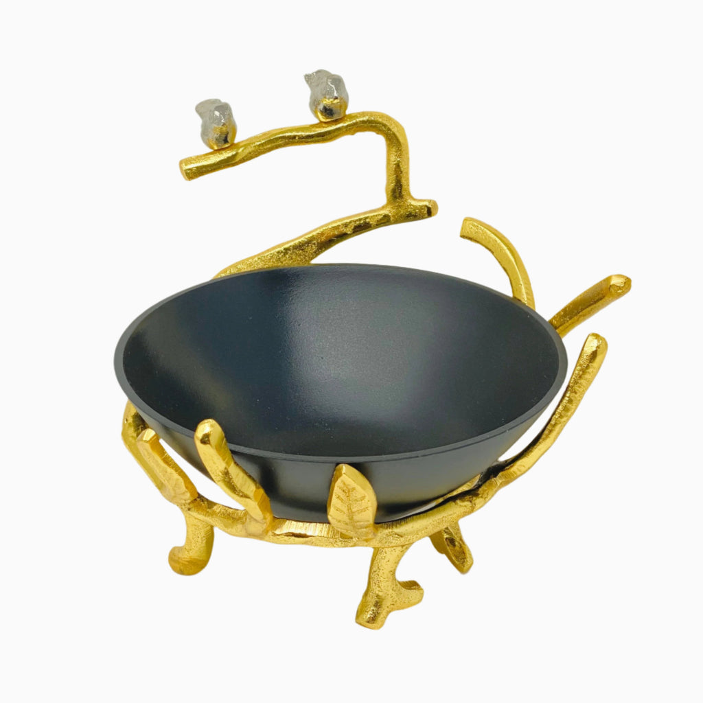 MEDIUM SNACK BOWL ON FOOT, GOLD & BLACK, BIRD COLLECTION. NOBLE HOME GIFTS