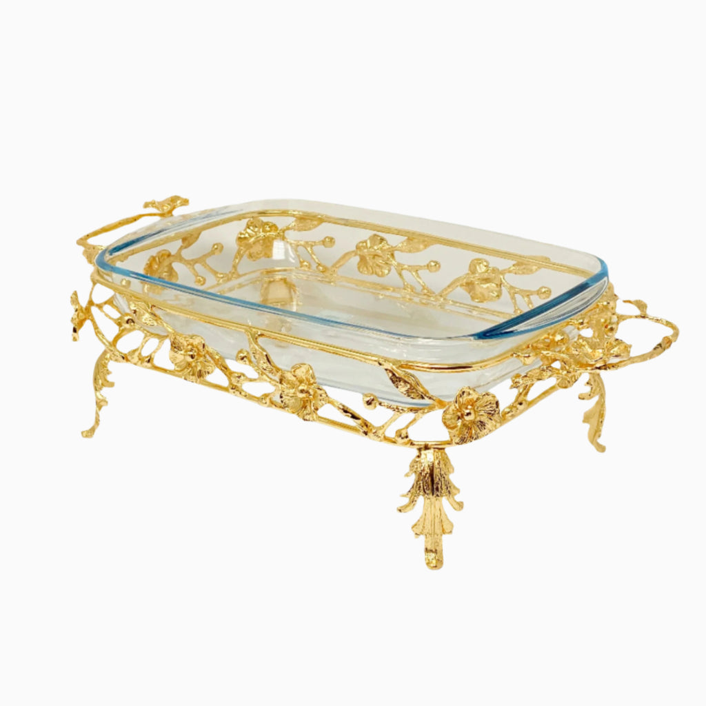 RECTANGULAR PYREX SERVING DISH ON GOLD TONE FLOWER BRANCH STAND 