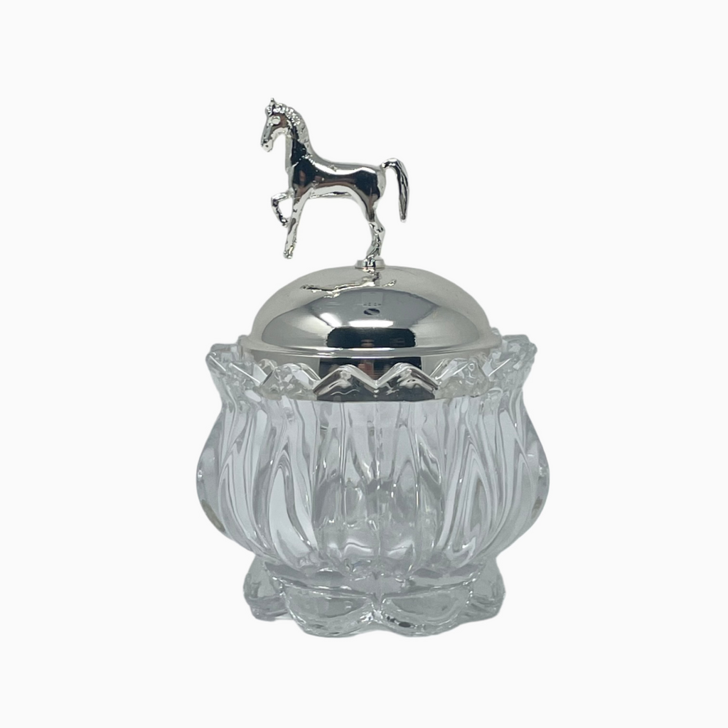 ROUND GLASS CANDY BOWL WITH SILVER TONE LID, HORSE COLLECTION