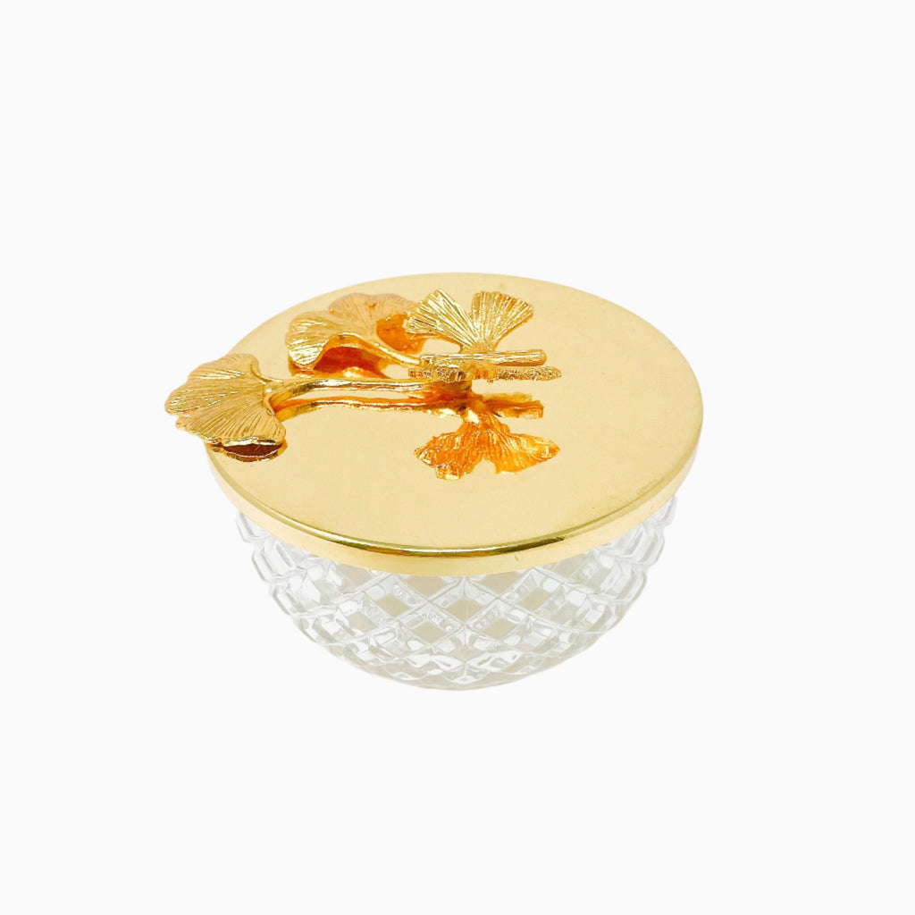 ROUND GLASS JAR WITH GOLD TONE LID, BUTTERFLY COLLECTION