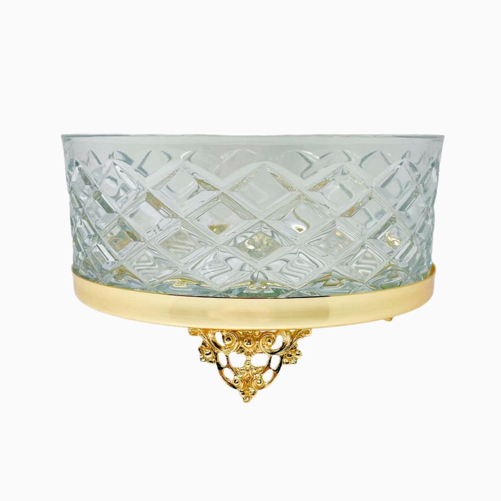 ROUND GLASS SERVING BOWL ON GOLDEN TONE STAND