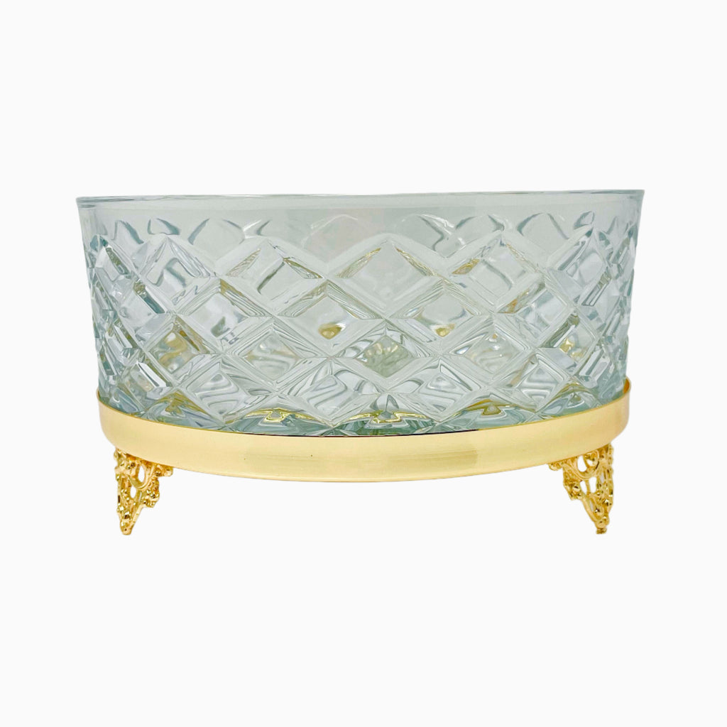 ROUND GLASS SERVING BOWL ON GOLDEN TONE STAND