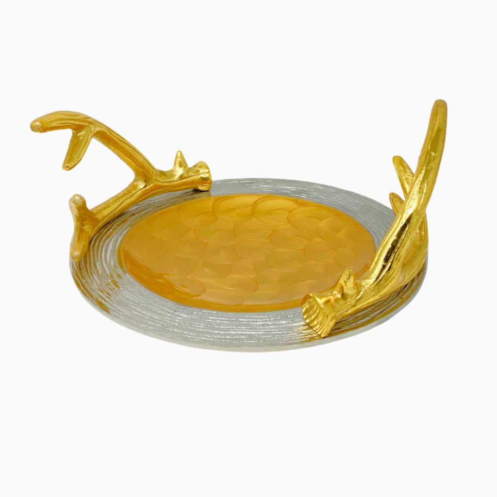 ROUND SERVING PLATE WITH GOLD TONE HANDLE, DEER COLLECTION