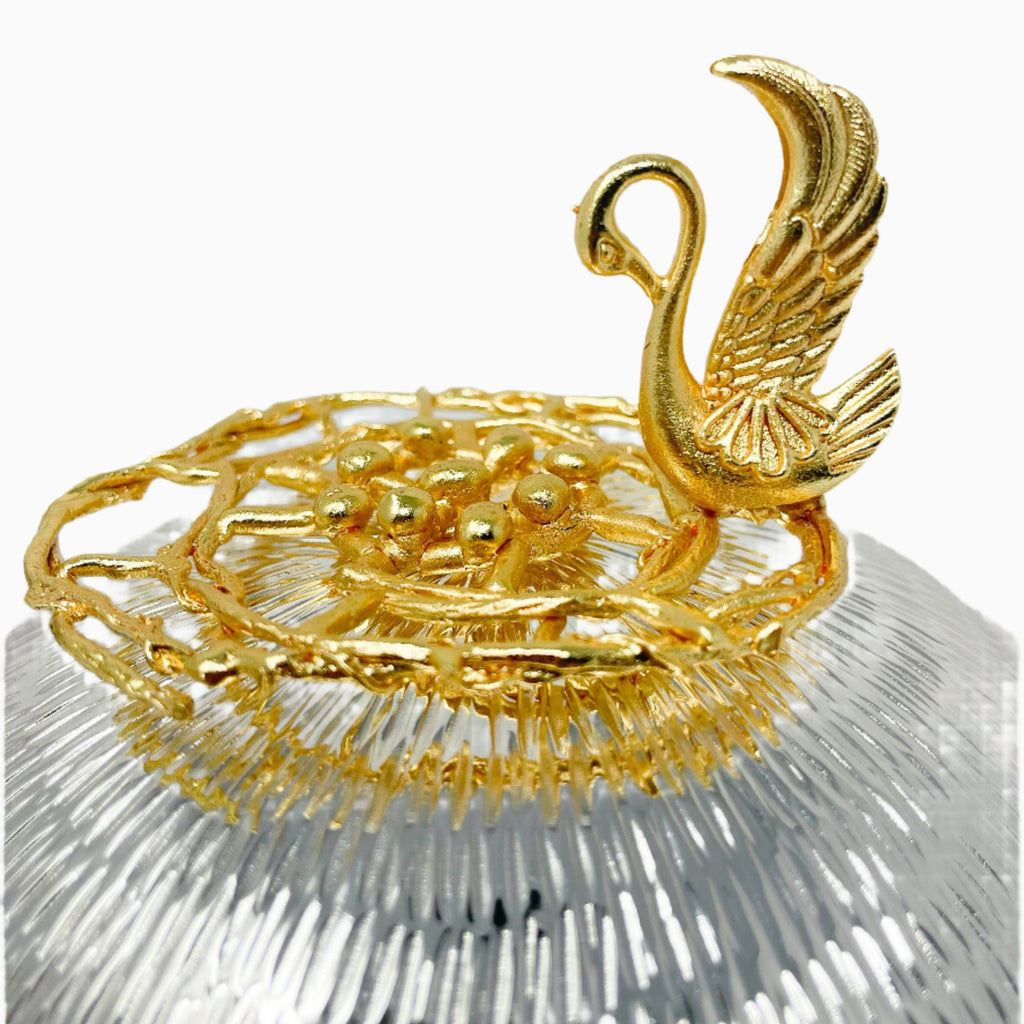 ROUND SILVER TONE CANDY BOWL WITH GOLDEN TONE DESIGN