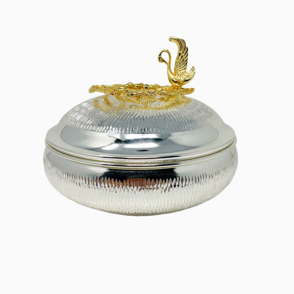 ROUND SILVER TONE CANDY BOWL WITH GOLDEN TONE DESIGN