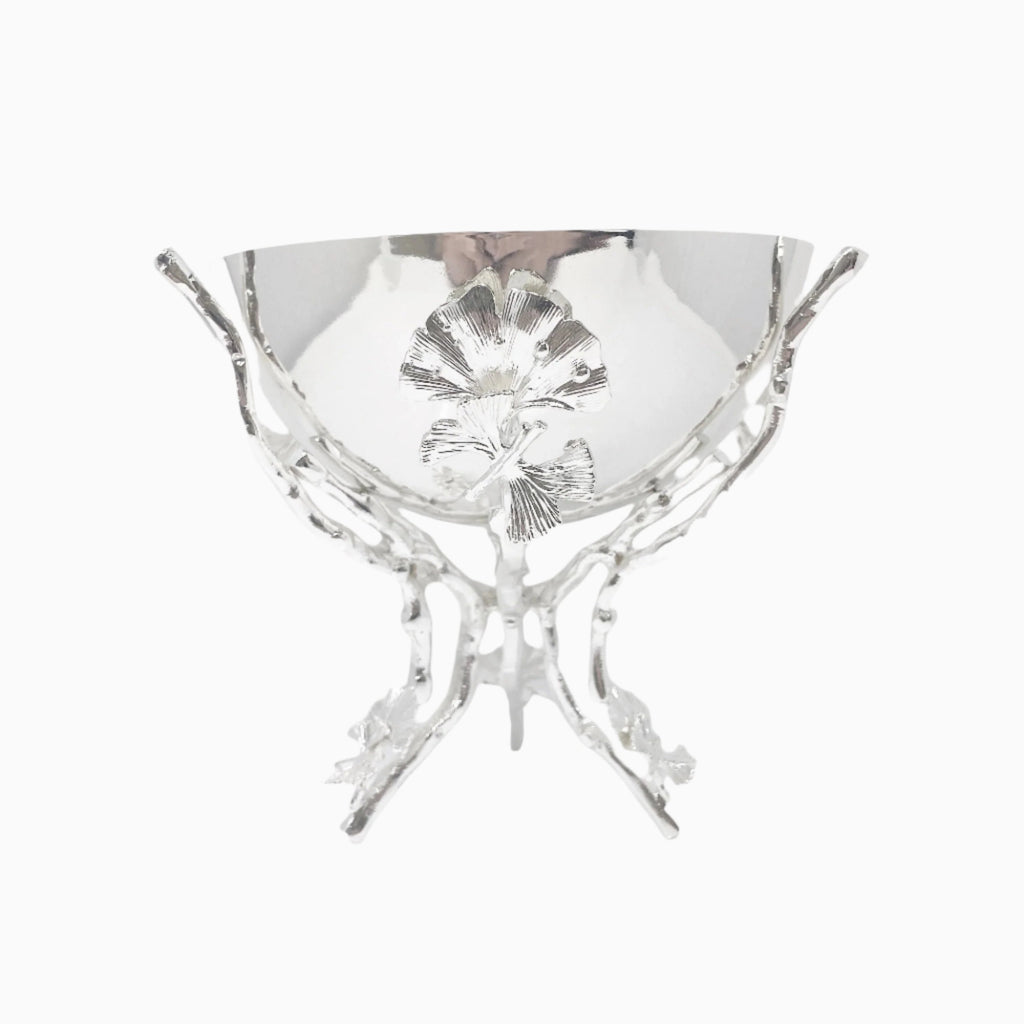ROUND SILVER TONE SERVING BOWL ON STAND