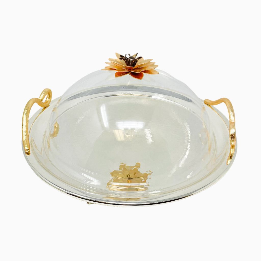 ROUND SILVER TONE SERVING TRAY WITH LID