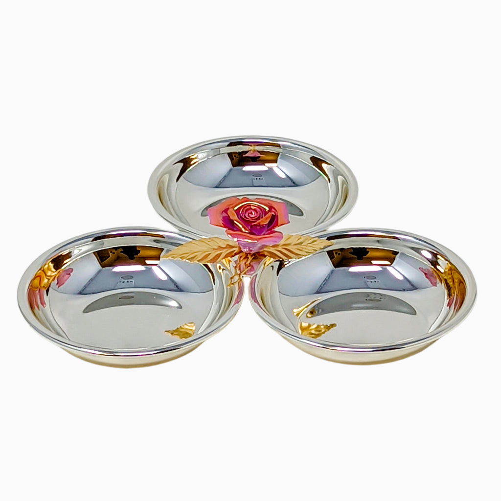 ROUND TRIPLE SERVING DISH, PINK ROSE, LARGE