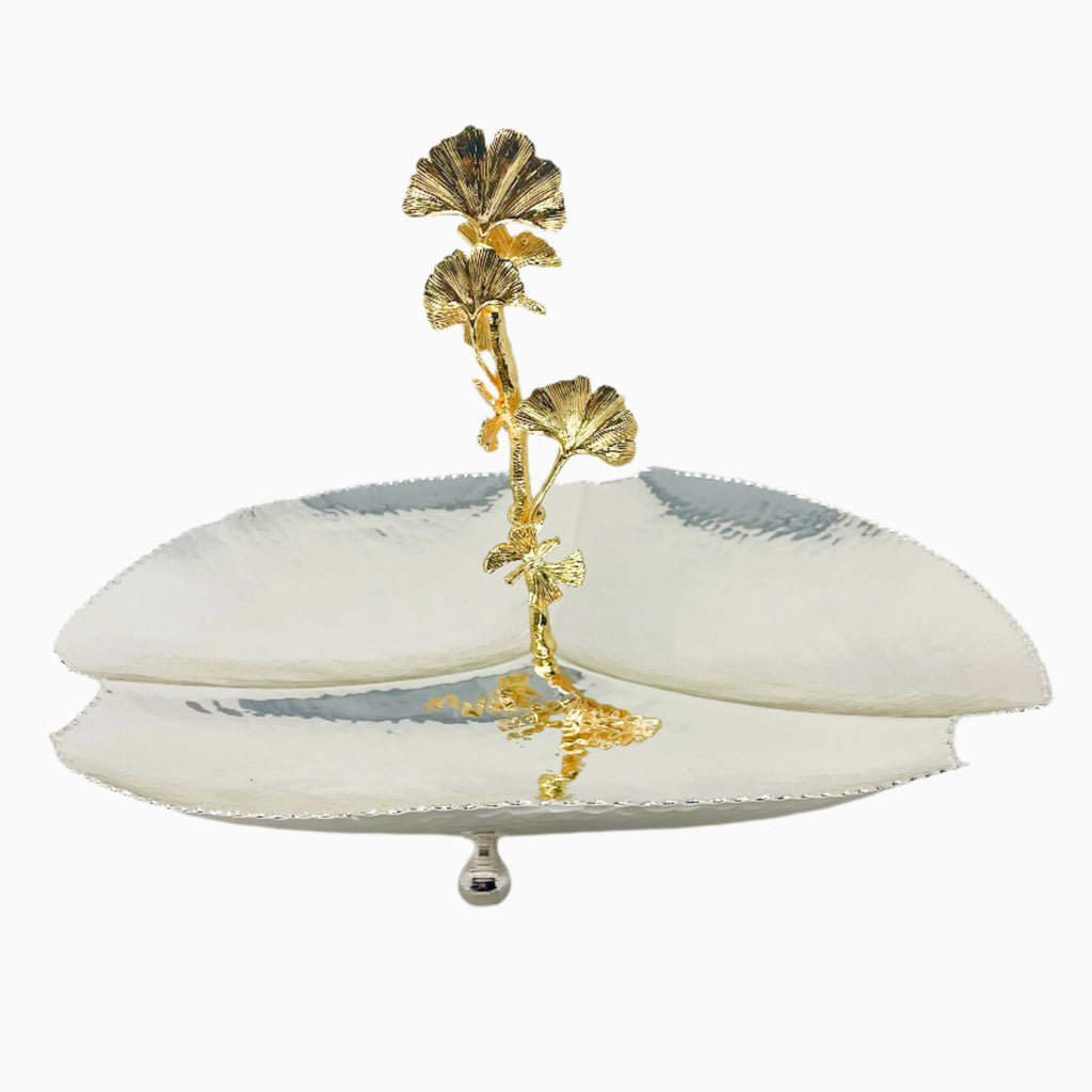 SILVER AND GOLD THREE-SECTION SNACK TRAY