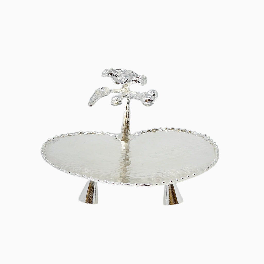 SILVER HEART-SHAPED SNACK PLATE WITH FLOWER HANDLE