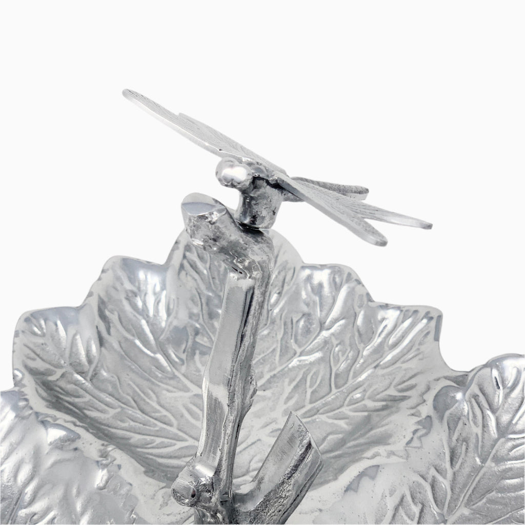 SILVER LEAF-SHAPED SNACK PLATE WITH DRAGONFLY HANDLE