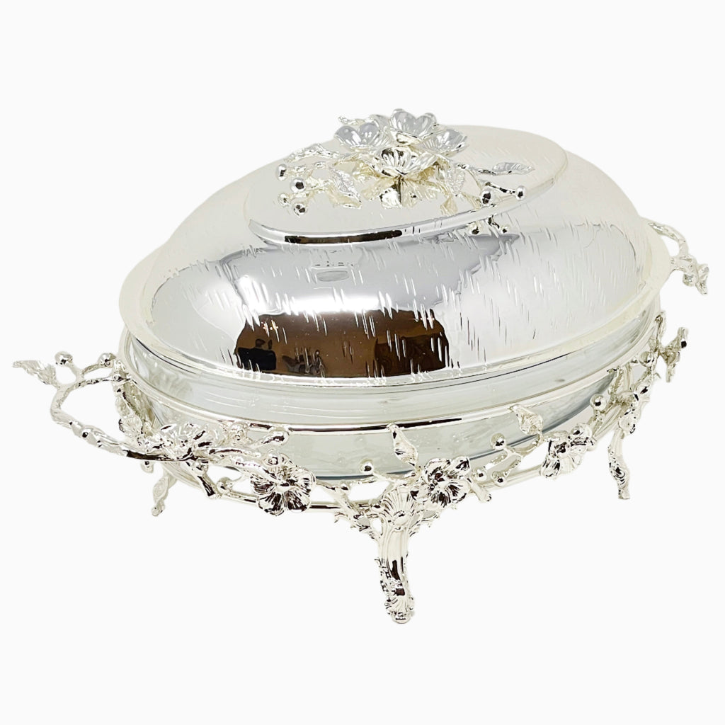 ELEGANT SILVER OVAL OVENWARE CASSEROLE WITH LID ,ORCHID FLOWER - Noble Home Gifts 