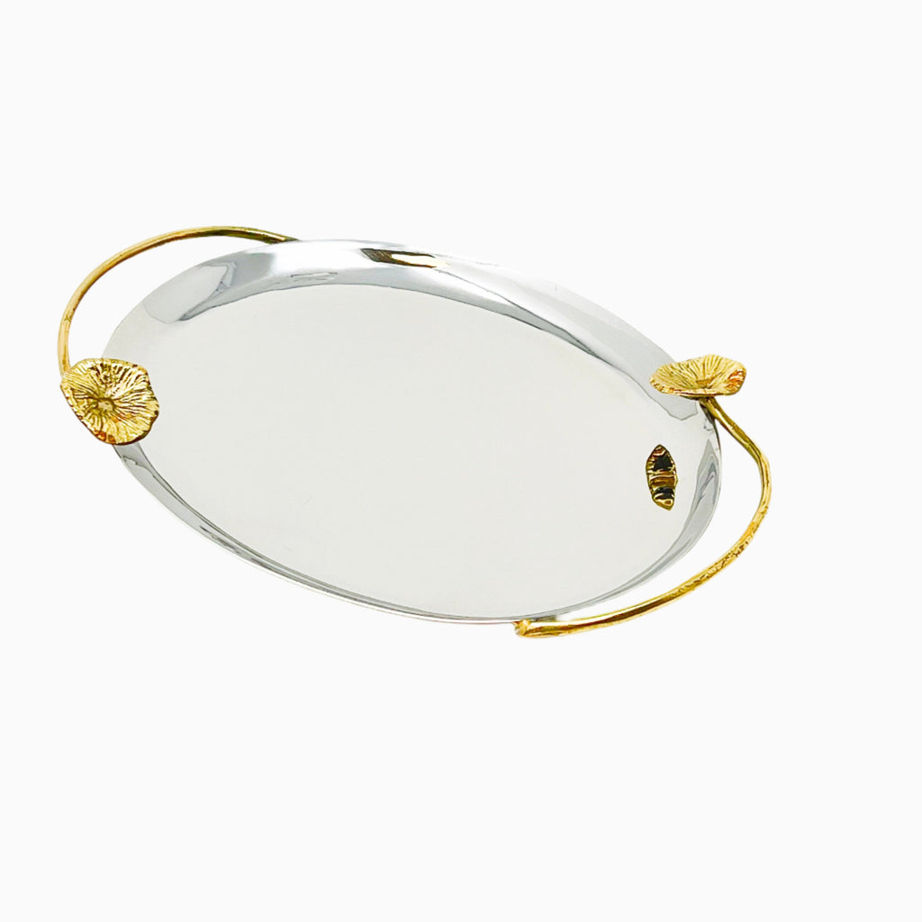 SILVER OVAL TRAY WITH GOLDEN MUSHROOM HANDLES
