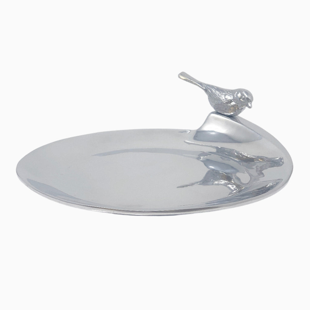 SILVER ROUND SNACK PLATE, BIRD COLLECTION. NOBLE HOME GIFTS