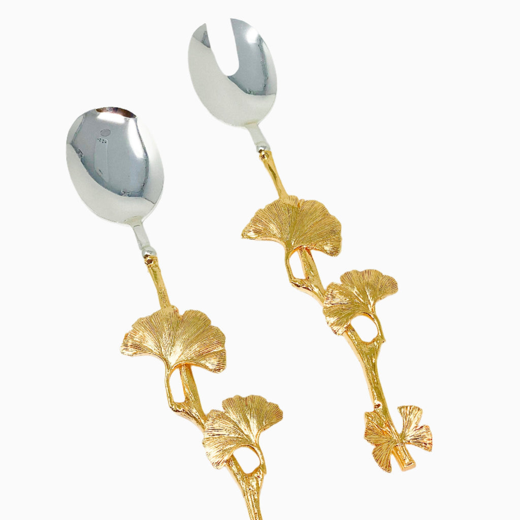 SILVER SALAD SPOON AND FORK SET WITH GOLD TONE BUTTERFLY HANDLE