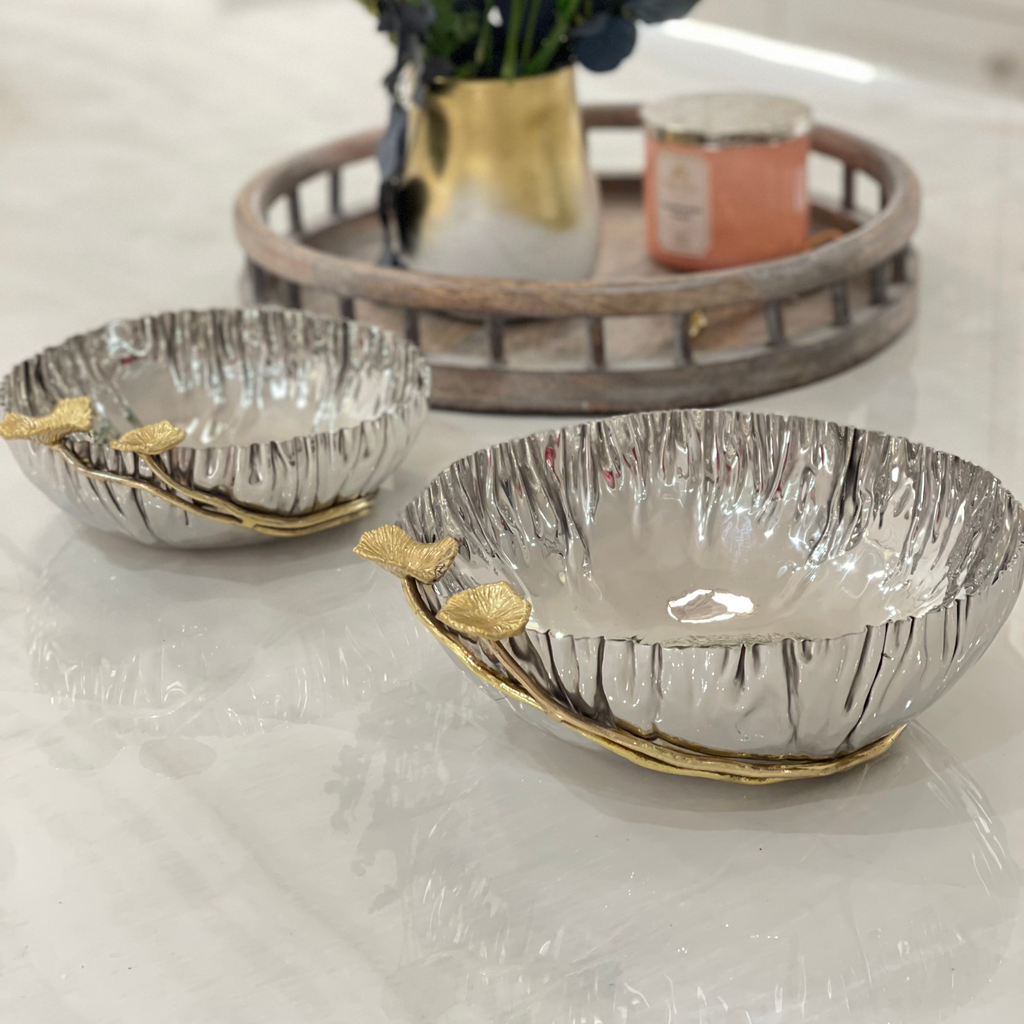 SILVER SERVING BOWL WITH GOLDEN MUSHROOM HANDLE