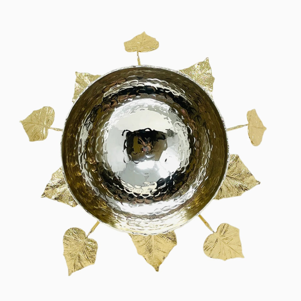 SILVER TONED SERVING BOWL ON GOLDEN LEAF TONED STAND
