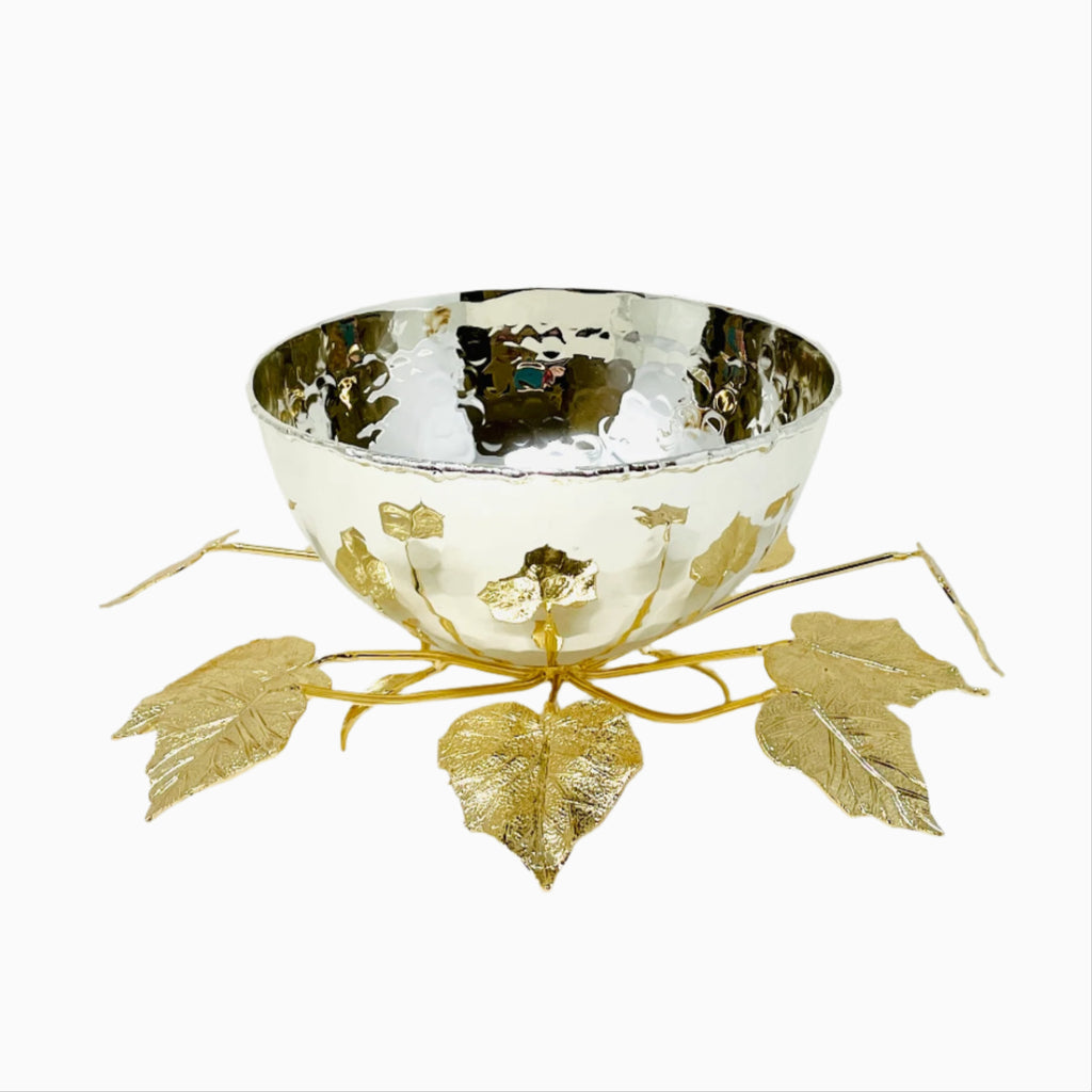 SILVER TONED SERVING BOWL ON GOLDEN LEAF TONED STAND
