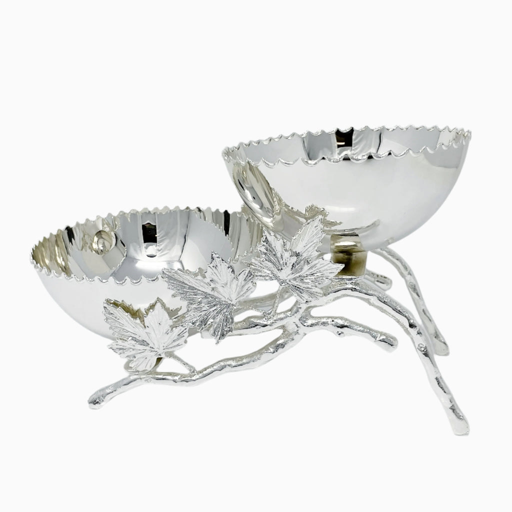 SILVER TWO-SECTION SNACK BOWL, LEAF COLLECTION