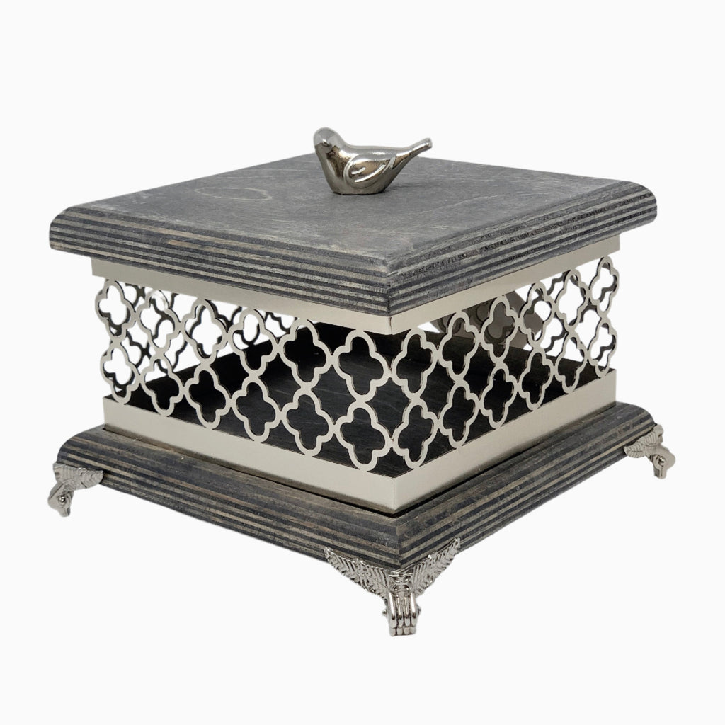 SILVER WOODEN CANDY BOWL WITH LID, BIRD COLLECTION. NOBLE HOME GIFTS