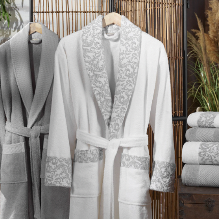 SIX-PIECE COTTON WHITE & GREY BATHROBE SET
