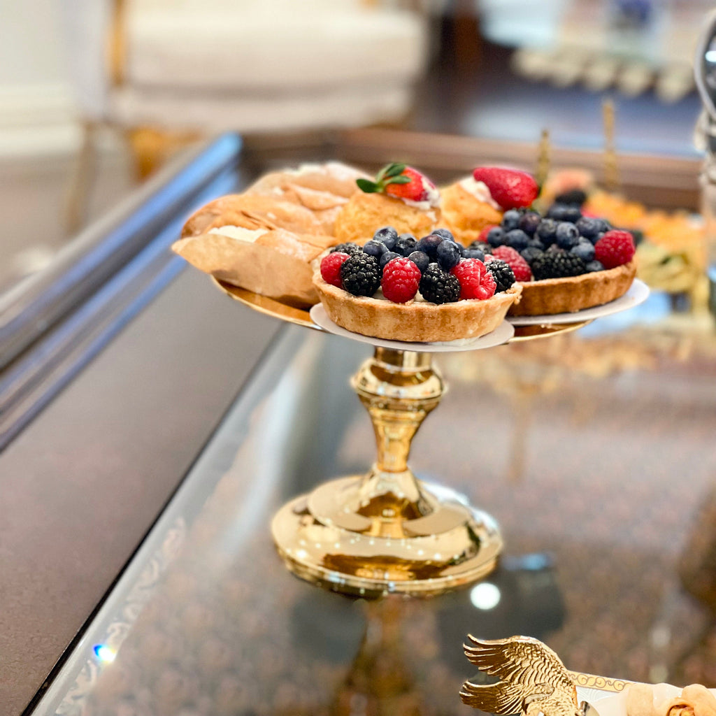 SMALL GOLD CAKE STAND WITH CLEAR GLASS