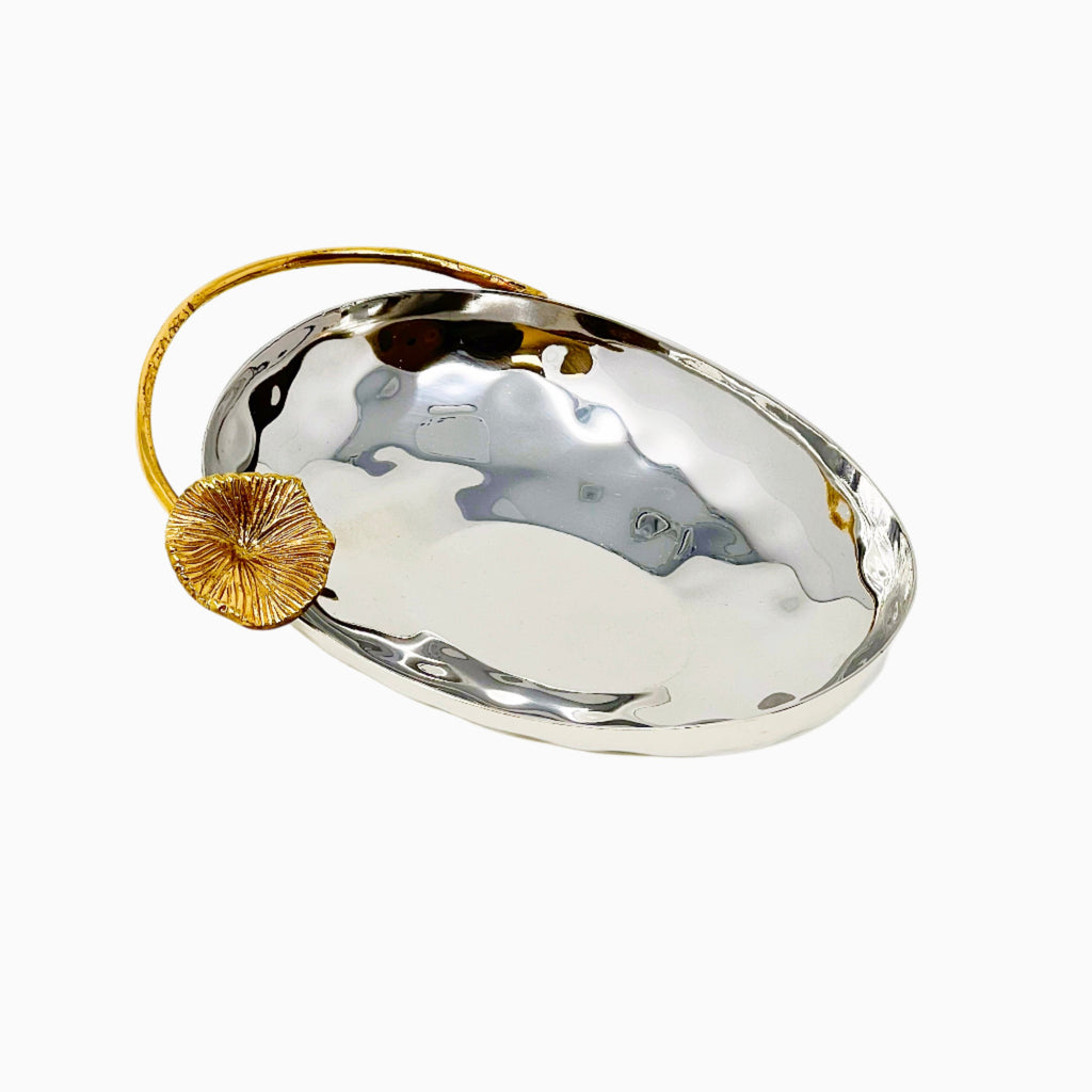 SMALL SILVER SERVING DISH WITH MUSHROOM HANDLE