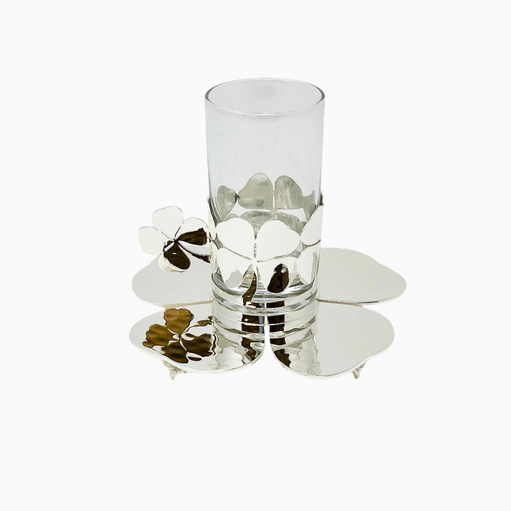 TEA CUP ON SILVER CLOVER SHAPED PLATE